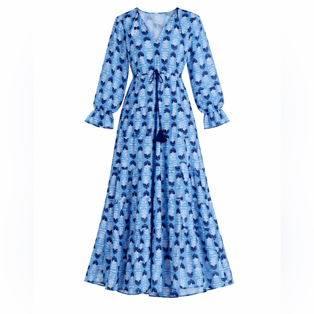 Mud Pie Dolan Blue Floral Maxi Dress Cotton Boho Long Sleeve Small